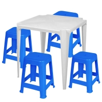 Kit Mesa Quadrada em Plastico Branca + 4 Banquetas em Plstico Azul