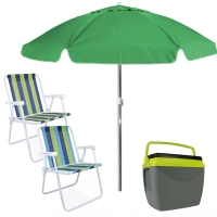 Kit Guarda Sol com 2 Mts Verde + 2 Cadeiras de Praia + Caixa Trmica 18lts