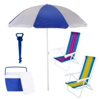 Kit 2 Cadeiras de Praia e Guarda-sol + Caixa Trmica 26 L + Saca Areia