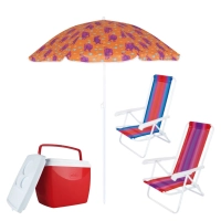 Kit 2 Cadeiras de Praia 4 Posies + Guarda-sol + Caixa Trmica 18lts Vermelha