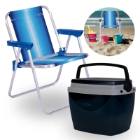 Kit Caixa Termica Pequena Cooler 6 L Preto + Cadeira Azul Infantil Parques / Lanches