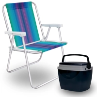 Kit Caixa Termica Preta Cooler Pequeno 6 L / 8 Latas + Cadeira de Praia Alumnio
