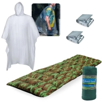 Kit Poncho Capa de Chuva Impermevel para Emergencia + Colchonete Solteiro + 2 Mantas Termicas