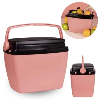 Kit Caixa Termica Rosa Pssego Cooler 6 L / 8 Latas + Banqueta Dobrvel Camping / Pesca