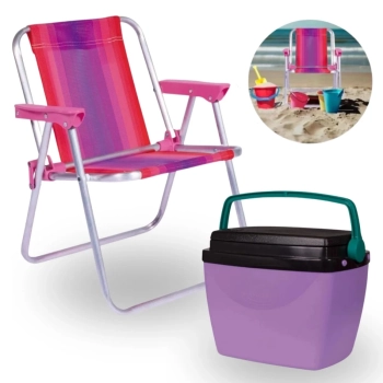 Kit Caixa Termica Pequena Cooler 6 L Roxo / Lils + Cadeira Rosa Infantil Parques