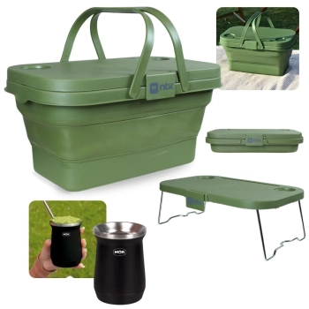 Kit Cesta Dobravel com Tampa Vira Mesa Ntk para Picnic / Pesca + Cuia Termica Copo Inox 236ml Preta