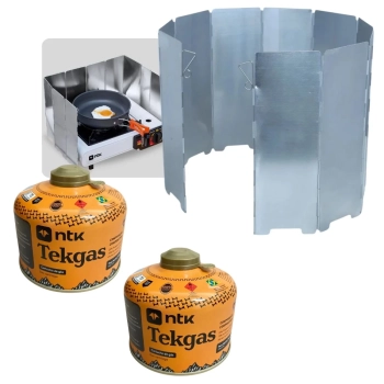 Kit Protetor de Vento para Fogareiro 75cm Alumnio Dobrvel + 2 Refis de Gs Tekgs 230g