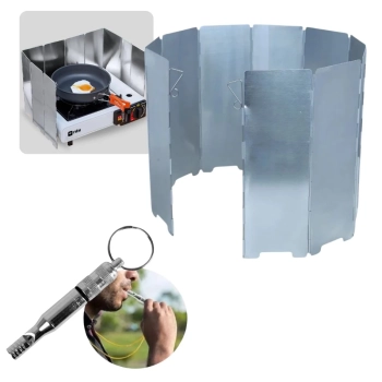 Kit Protetor de Vento para Fogareiro 75cm Alum�nio Dobr�vel + Apito de Emerg�ncia Survivor Ntk