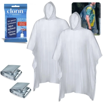 Kit 2 Capas de Chuva Impermevel + 2 Mantas Trmicas + 10 Pastilhas Purificadoras para gua