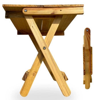 Mesa Dobravel de Madeira Baixa Rustica Artesanal para Camping, Pesca e Jardim