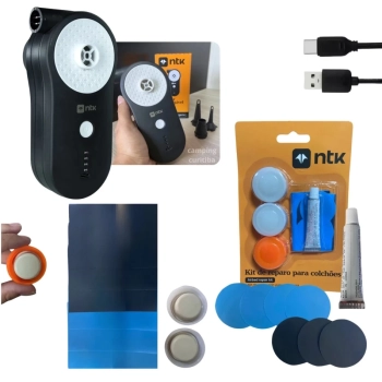Kit Bomba de Ar Recarregavel Via Usb Portatil Ntk + Kit 8 Itens para Reparo de Colcho Inflvel