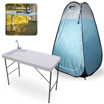 Kit Pia Lavatorio Port�til Mesa Dobravel Sink + Barraca Banheiro Portatil Trocador Pop Up Ntk Camping