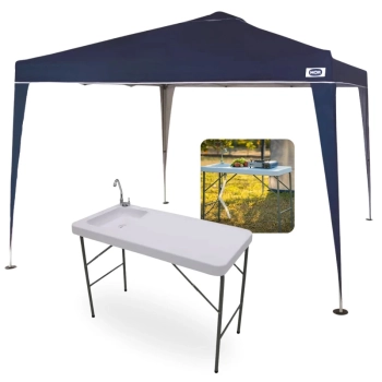 Kit Pia Lavatorio Porttil Mesa Dobravel Sink + Tenda Articulada 3x3m Gazebo X-flex Azul