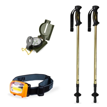 Kit Bssola Alumnio Modelo Militar+ 2 Bastes Caminhada Trilha + Lanterna de Cabea Led Acampamento