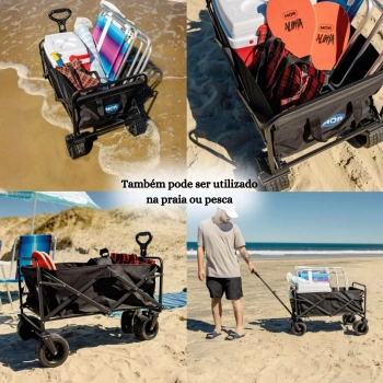 Carrinho de Carga Dobrvel para Camping, Praia, Pesca Multiuso Cargo Preto Suporta Ate 60 Kg
