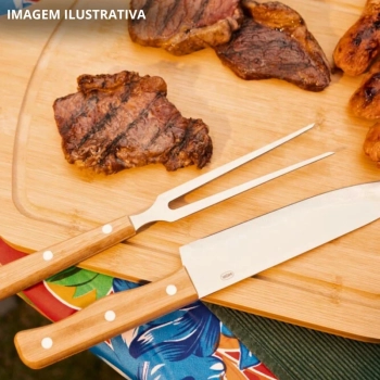 Conjunto para Churrasco Tbua 50 Cm + Faca e Garfo em Ao Inox e Bambu Mor Cozinha Utenslios