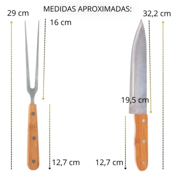 Conjunto para Churrasco Tbua 50 Cm + Faca e Garfo em Ao Inox e Bambu Mor Cozinha Utenslios