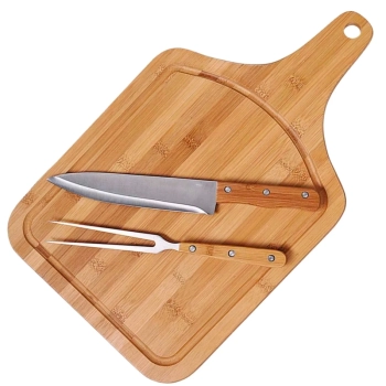 Conjunto para Churrasco Tbua 50 Cm + Faca e Garfo em Ao Inox e Bambu Mor Cozinha Utenslios