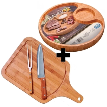 Kit Churrasco 4 Peas em Bambu com Badeja Tbua de Carne Faca e Garfo Mor