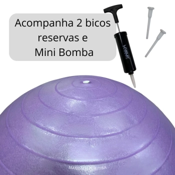 Bola Suia de Pilates Premium Anti Estouro 55 Cm Roxa + Mini Bomba Treino Academia Yoga Exercicios